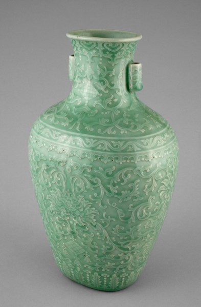 Jar with Tubular Handles, Peonies, 'Endless Knot,' Pendant Balls, and Pendant Lozenges, Qing dynasty (1644-1911), Qianlong reign mark and period (1736-1795). Green glazed vessel decorated with floral ...