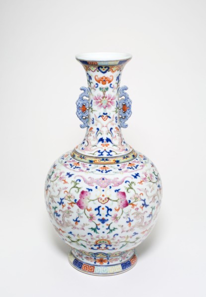 One of a pair of famille-rose 'lotus' bottle vases, Qing dynasty (1644-1911), Qianlong reign mark and period (1736-1795).