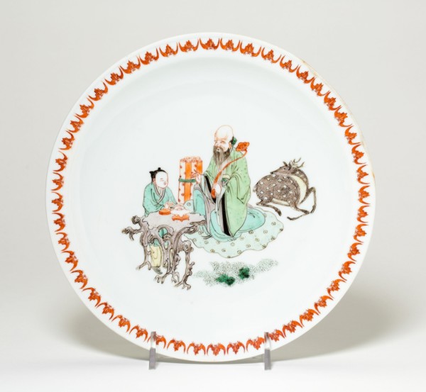Plate with Shou Lao (the God of Longevity), Attendant, and Deer, Qing dynasty (1644-1911), Kangxi reign mark and period (1662-1722).