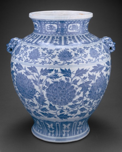 Jar with Lotus and Peony Scrolls and Lion-Mask Handles, Ming dynasty (1368-1644), inscription dated 1437.