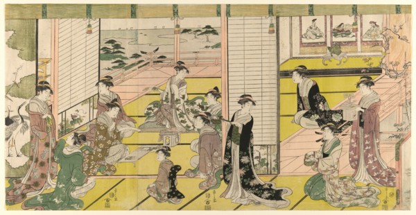 A Woman's Poetry Party, c. 1793. In the alcove at top right are hanging scroll paintings depicting ancient poets: Kakinomoto no Hitomaro, Yamabe no Akihito and Sotori.