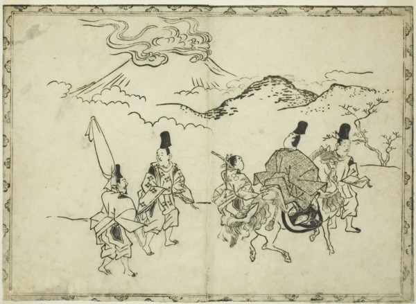 Narihira's Eastern Journey, from the illustrated book "Panorama of Paintings on Screens and Hanging Scrolls (Byobu kakemono ekagami)", 1682.