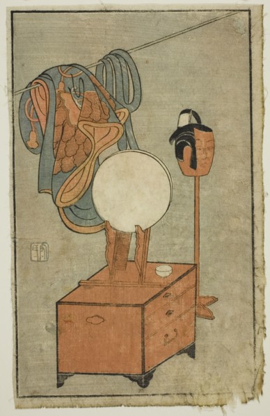 Actor's dressing table, from "A Picture Book of Stage Fans (Ehon butai ogi)", 1770.