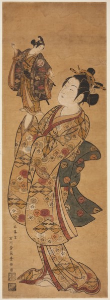 The Actor Onoe Kikugoro I holding a puppet of the Actor Sanogawa Ichimatsu I, c. 1740s.