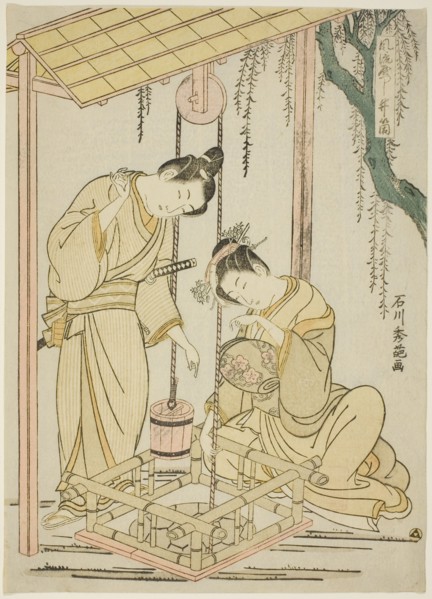 Modern parody of the well-curb episode from "Tales of Ise", c. 1766.