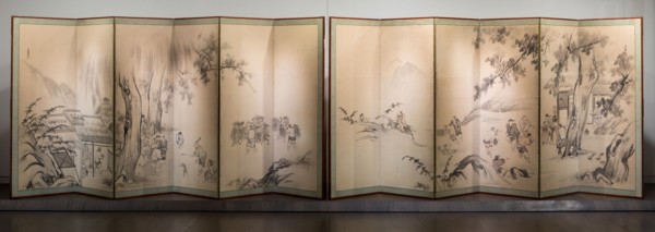 Monkey Trainers and Scenes of Chinese Life, 17th century. Pair of six-panel Japanese folding screens depicting rural scenes.