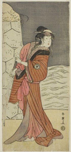 The Actor Iwai Hanshiro IV as Yaegushi no Oroku (?) in the Play Keisei Kogane no Hakarime (?), Performed at the Kawarazaki Theater (?) in the Third Month, 1792 (?), c. 1792.