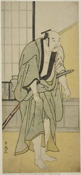 The Actor Asao Tamejuro I as Drunken Gotobei in the Play Yoshitsune Koshigoe Jo, Performed at the Ichimura Theater in the Ninth Month, 1790, c. 1790.