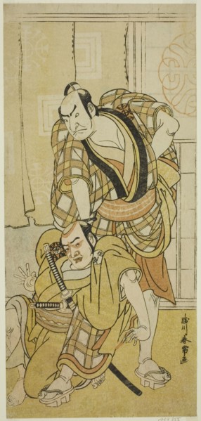The Actors Nakamura Nakazo I as Tenjiku Tokubei (?) (right) and Bando Kumajuro as the Shopman Dempachi (?) (left), in the Play Keisei Katabira ga Tsuji (?), Performed at the Ichimura Theater (?) in th...