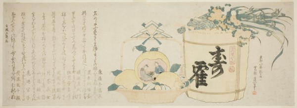Keg of sake and basket of oranges, Japan, 1820.