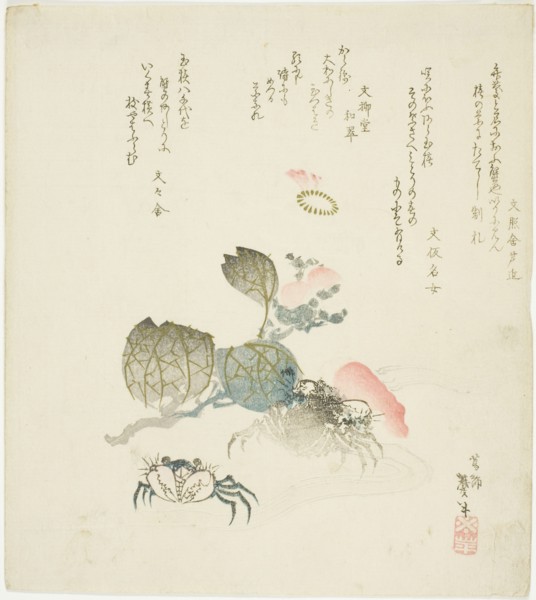 Two crabs by a spray of camellia, Japan, late 1820s-early 1830s.
