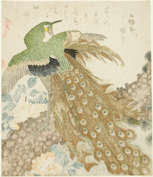 Peacock, Pine Tree, and Peonies, from the series "A Set of Three Petals (San hira no uchi)", Japan, 1810s.