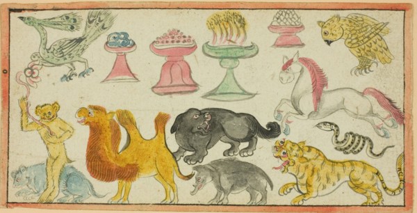 Page from a Manuscript with Images of Auspicious Animals and Offerings, Mongolia, 19th century.