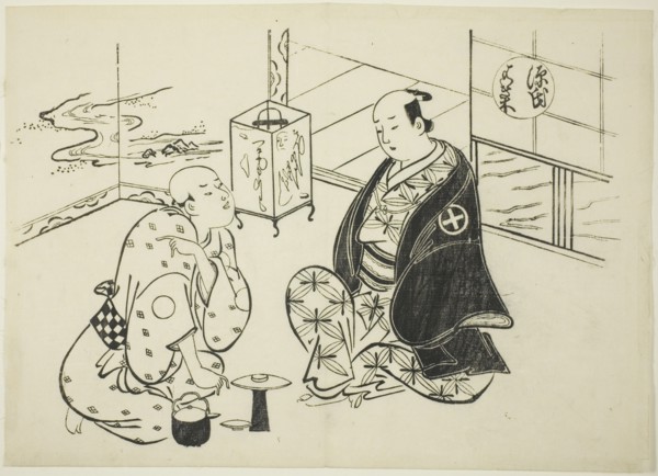 The Hahakigi Chapter from "The Tale of Genji" (Genji Hahakigi), from a series of Genji parodies, c. 1710.