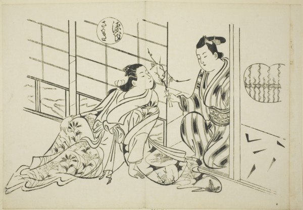 The Sakaki Chapter from "The Tale of Genji" (Genji Sakaki), from a series of Genji parodies, c. 1710.