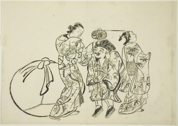 Measuring Daikoku's height, no. 5 from a series of 12 prints, c. 1708.