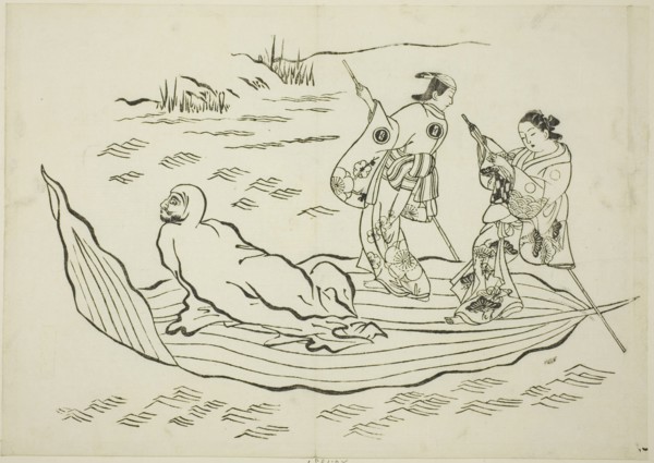 Daruma crossing the sea on a leaf, no. 7 from a series of 12 prints, c. 1708.