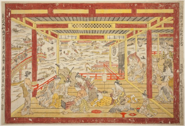 Enjoying the Evening Cool near Ryogoku Bridge (Ryogoku bashi yusuzumi uki-e), c. 1740.