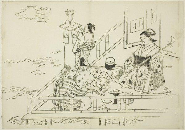 Courtesan entertaining Daikoku and Fukurokuju, no. 10 from a series of 12 prints, c. 1708.