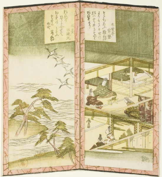 Palace interior and beach, from an untitled hexaptych depicting a pair of folding screens, c. 1825.