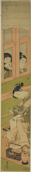 Courtesan Writing a Letter as Two Men Watch through a Window Lattice, c. 1769/70.
