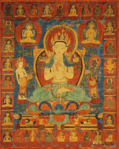 Painted Banner (Thangka) of Bodhisattva Maitreya Surrounded by his Retinue, 16th century.