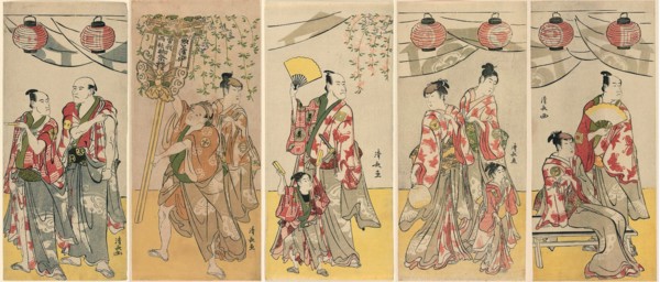 Eleven Actors Celebrating the Festival of the Shrine of the Soga Brothers, 1788. pentaptych: Arashi Ryuzo II and Ichikawa Komazo III; Azuma Tozo III and Otani Tokuji; Ichikawa Danjuro V and Ichikawa E...