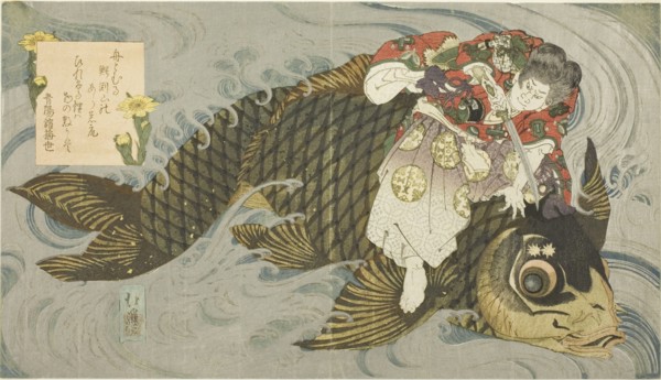 Oniwakamaru subduing the giant carp, c. 1830/35.