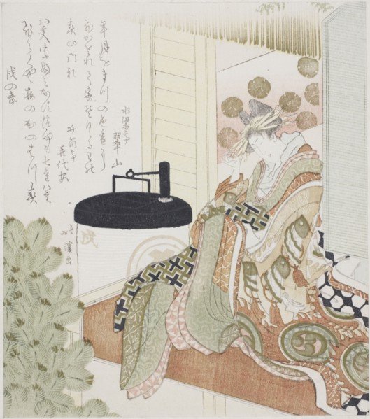 Courtesan sitting on a veranda next to a lantern, 1814.