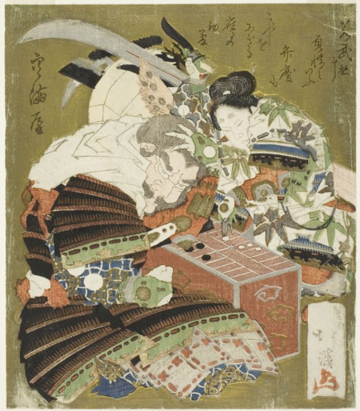 Ushiwakamaru (Minamoto no Yoshitsune) defeats Benkei in a game of sugoroku, c. 1825.