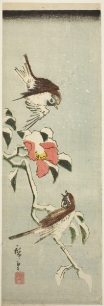 Sparrows and camellia in snow, 1840s.