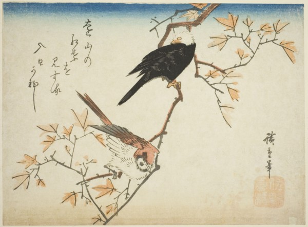 Two birds on maple branch, 1830s.