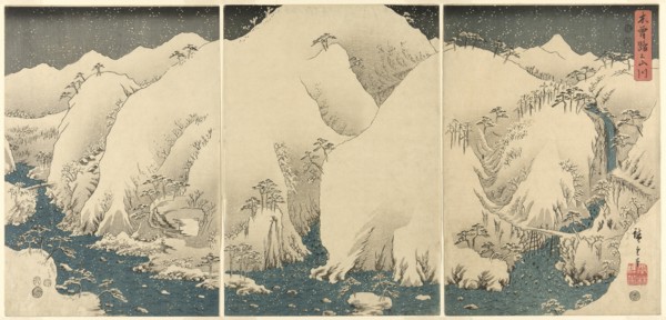 Mountains and Rivers on the Kiso Road (Kisoji no yamakawa), from an untitled series of triptychs, 1857.
