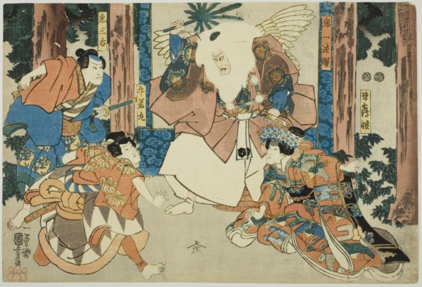 Actors as Ushiwakamaru, Kisanta, Kiichi Hogen, and Minazuru-hime, c. 1847/52.