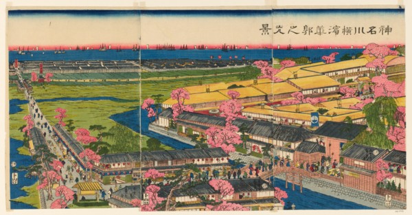 Panoramic View of the Pleasure Quarters in Yokohama, Kanagawa (Kanagawa Yokohama hanakuruwa no kokei), 1860.