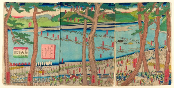 Procession of Minamoto no Yoritomo across the Oi River (Minamoto Yoritomo ko Oikawa gyoretsu zu), 1863. Entourage of the Shogun Minamoto no Yoritomo.