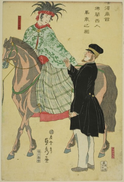 Merchants of Yokohama: French Woman on Horseback (Yokohama shokan, Furansujin umanori no zu), 1861.