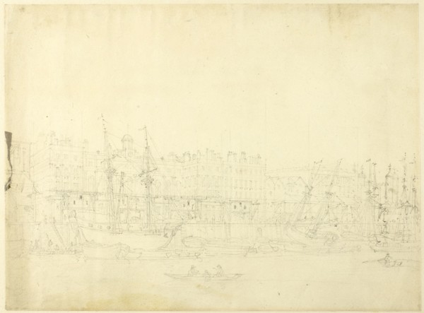 Study for Custom House, from the River Thames, from Microcosm of London, c. 1808.