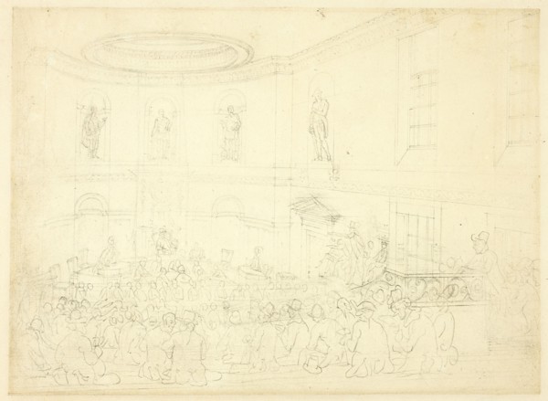 Study for India House, the Sale Room, from Microcosm of London, c. 1809.
