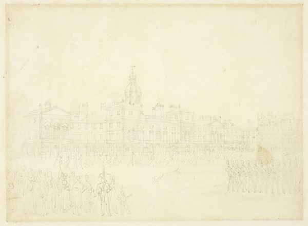 Study for Mounting Guard, St James Park, from Microcosm of London, c. 1809.