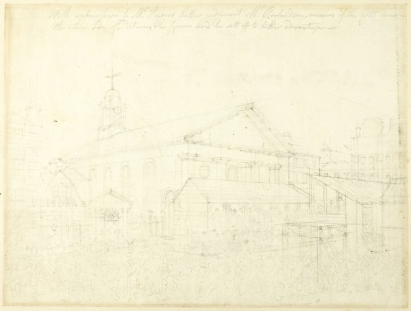 Study for Covent Garden Market, Westminster Election, from Microcosm of London, c. 1808.