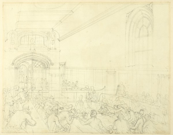 Study for Guild Hall, Examination of a Bankrupt Before His Creditors, from Microcosm of London, c. 1808.