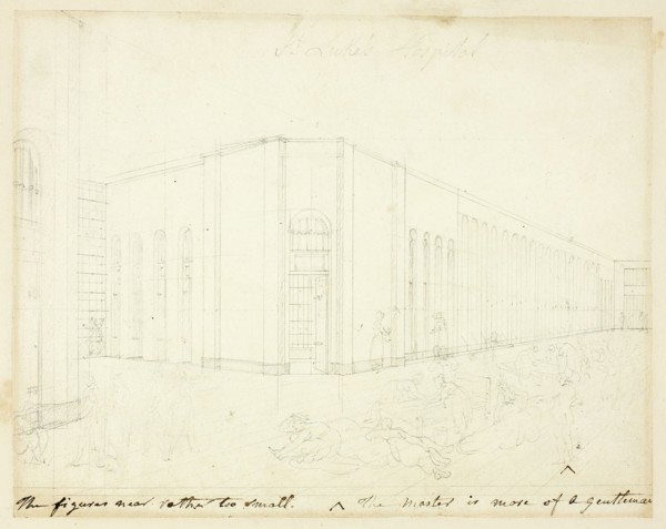 Study for St. Luke's Hospital, from Microcosm of London, c. 1809.