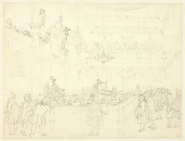 Study for Herald's College, The Hall, from Microcosm of London, c. 1808.