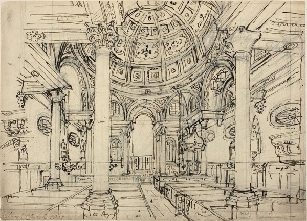 Study for Walbrook Church (recto); Sketches of Sailboats, Men and Dinghies (verso), 1807 (recto); c. 1807 (verso).