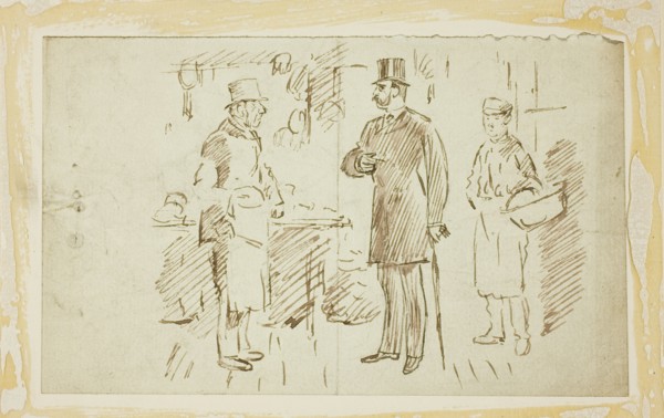 Gent in Tall Hat Addressing Butcher, n.d.