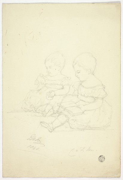 Two Seated Baby Girls (recto), a Still Life, and Two Animals (verso), 1840.