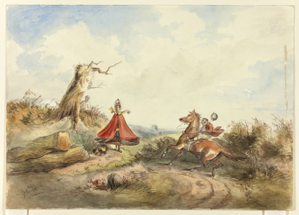 Horse with Rider Shying Away From Woman with Dog, c. 1860.