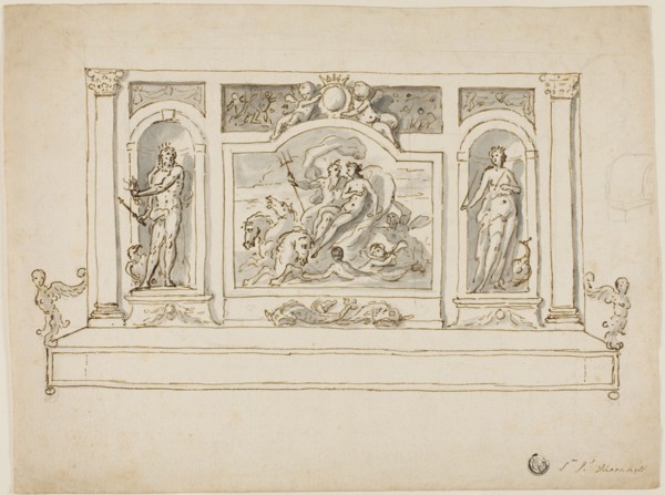 Neptune and Amphitrite Flanked by Jupiter and Juno: Design for Painted Hall or Garden Bench, n.d.