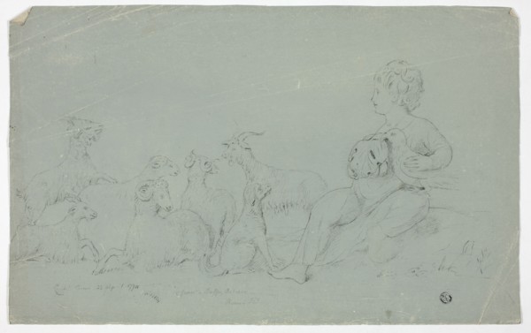 Antique Bas-Relief with Seated Boy Holding Falcon and Accompanied by Dog, Sheep, and Goats, 1774.
